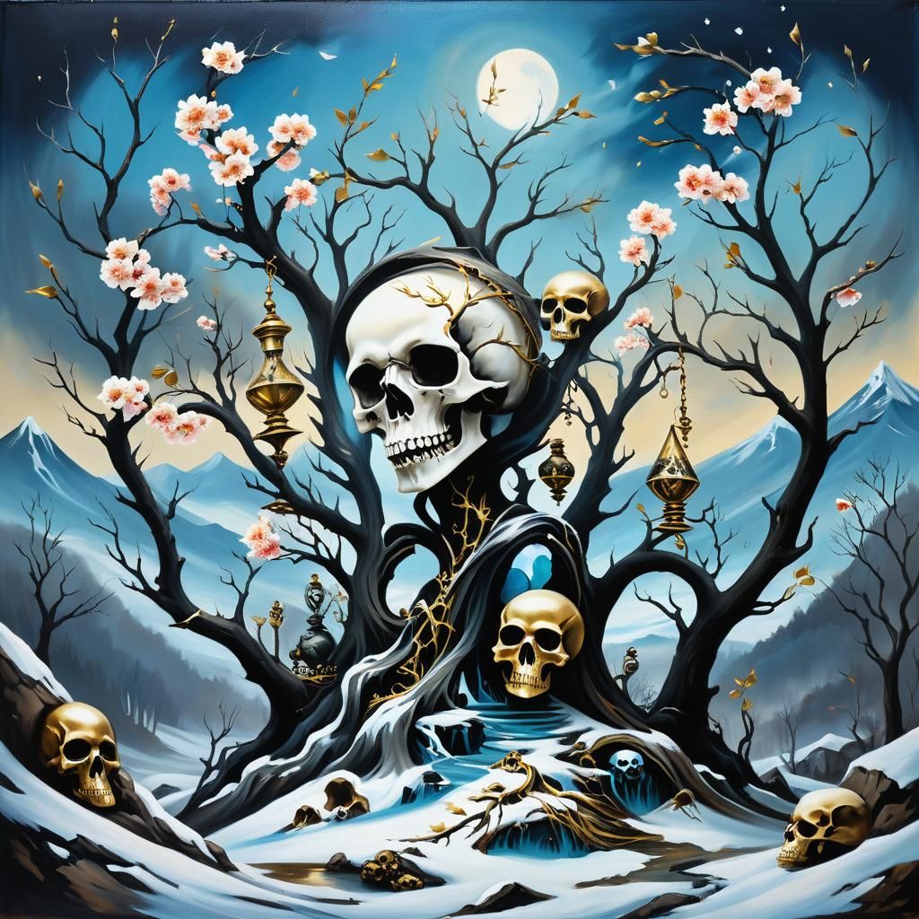 Mermaidpunk Winter: Hourglass and Sakura in Oil Painting