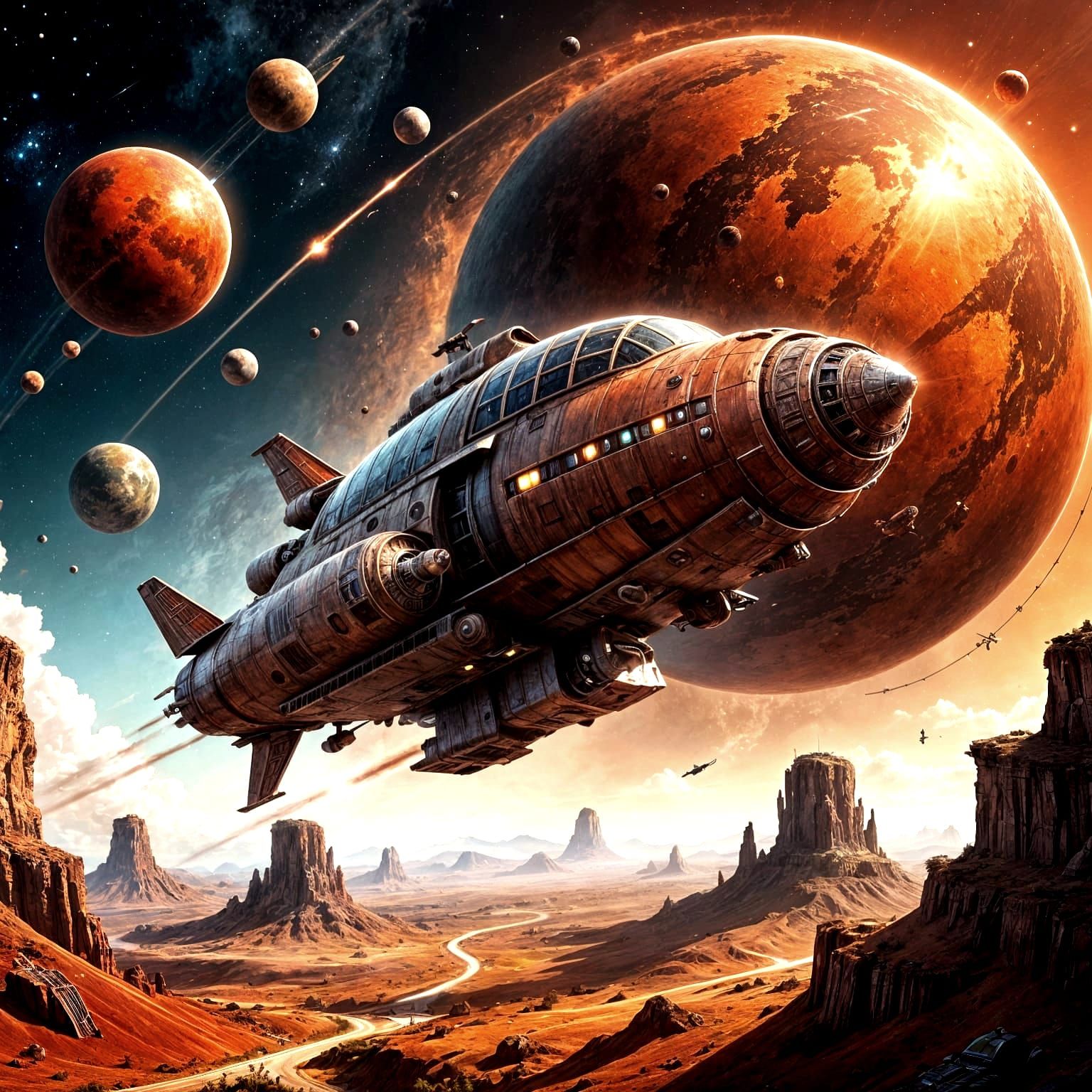 Whimsical Space Ship Soars Around Red Planet in Fantasy Scen...