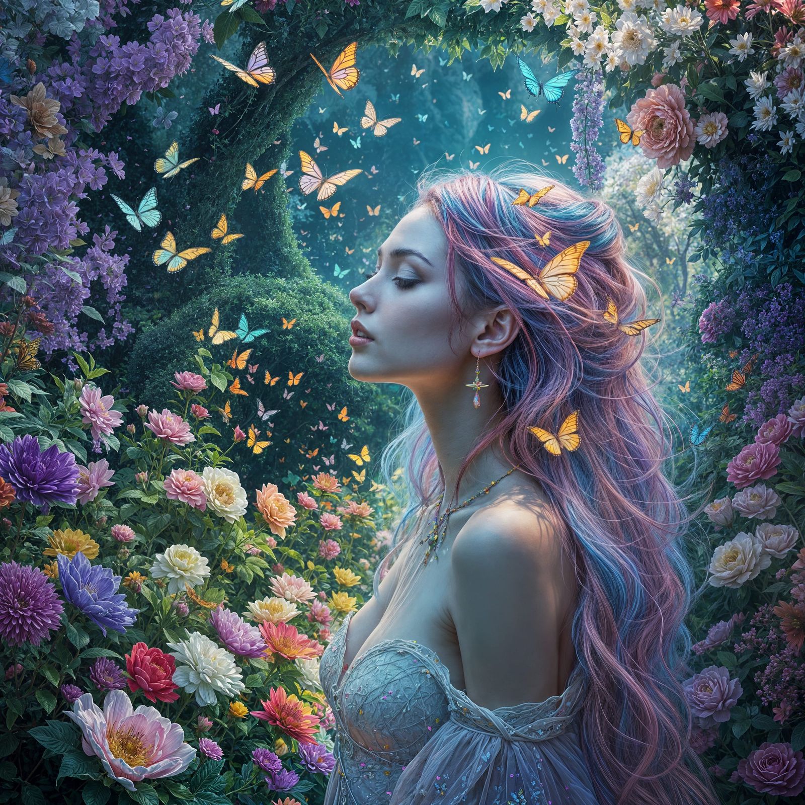 Ethereal Goddess in Vibrant Garden Paradise