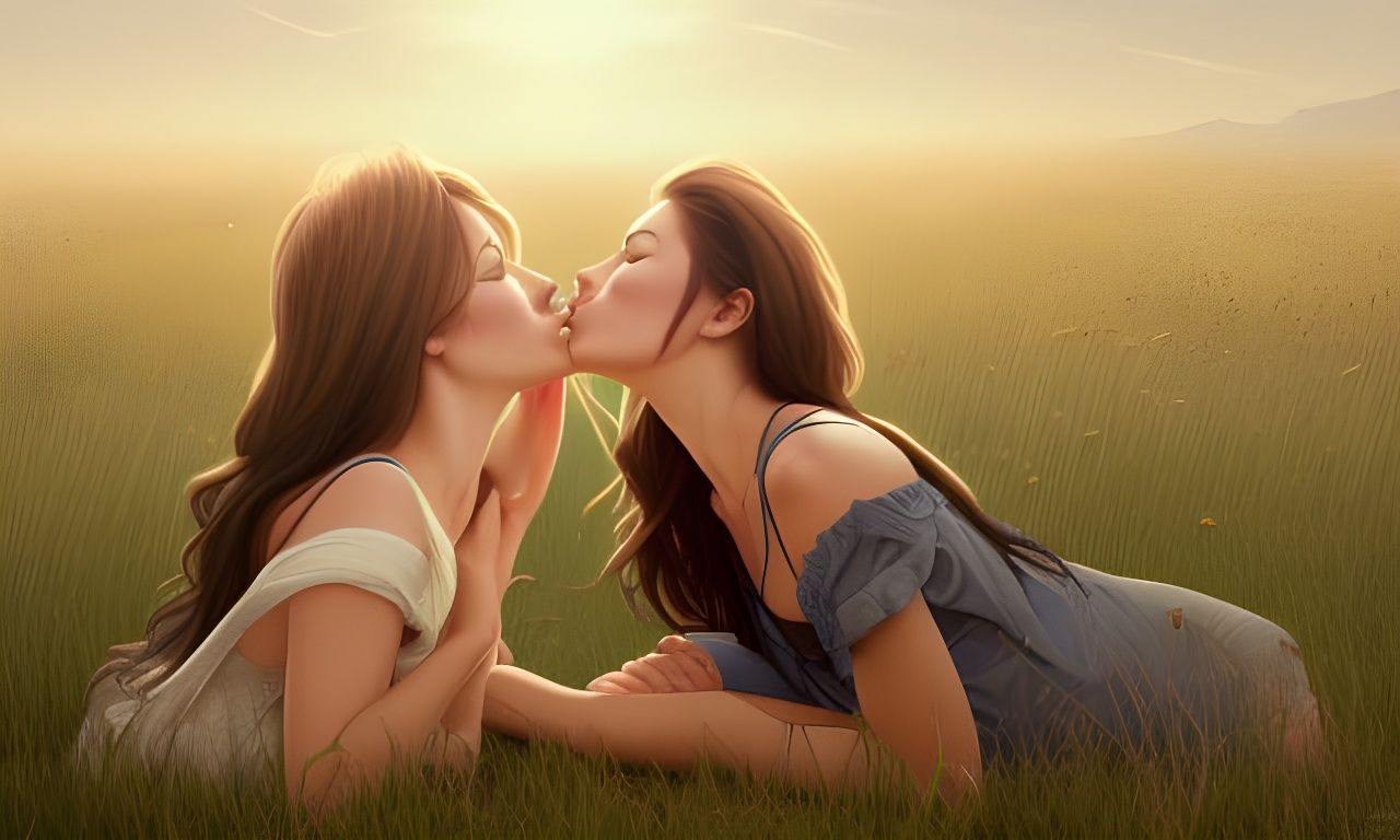 Women Kissing in Sunny Meadow, Hyperdetailed Digital Art