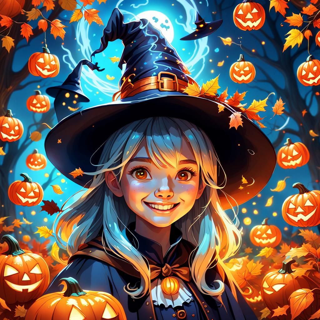 Ghostly Girl in Witch Hat with Jack-o-Lanterns