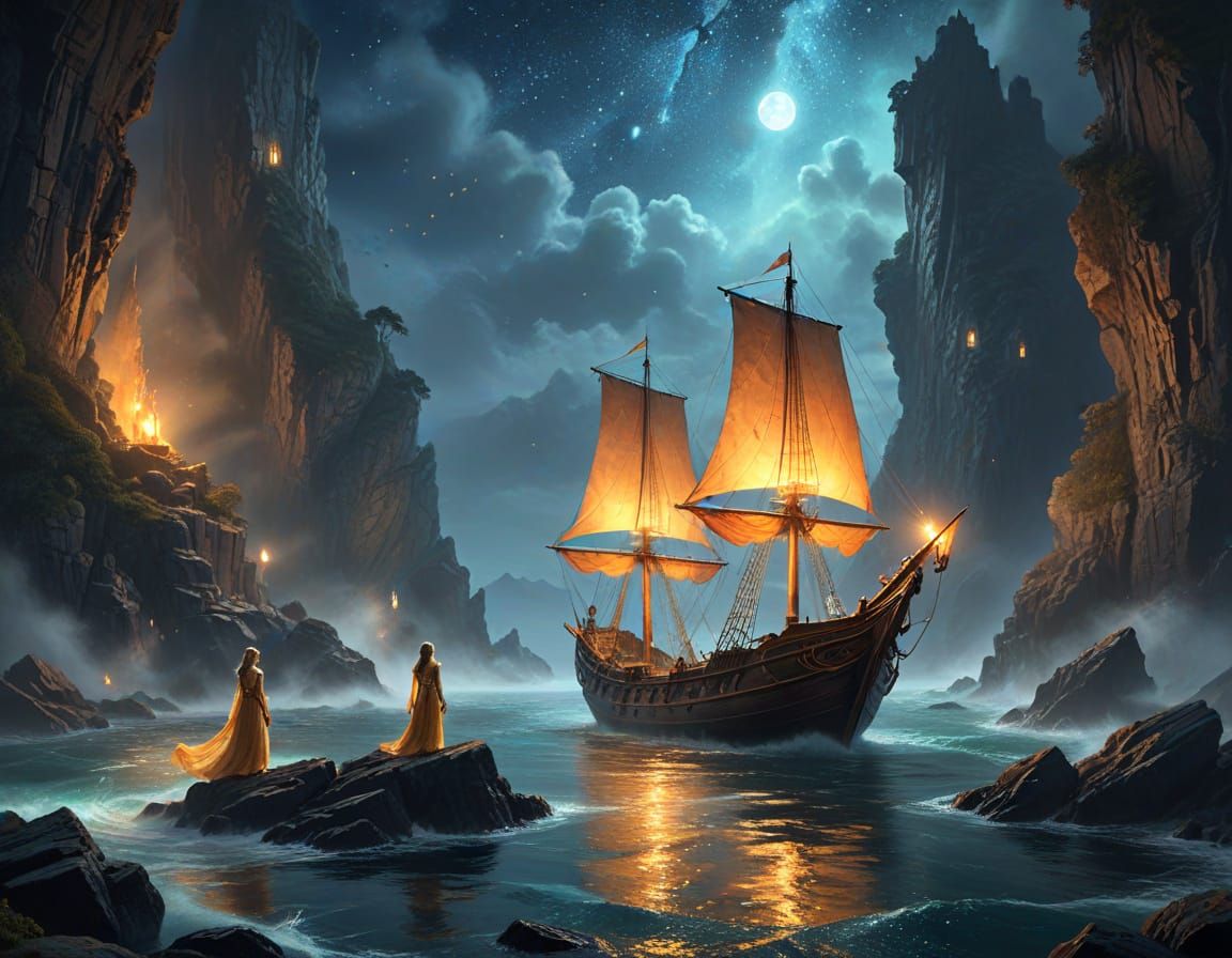Elves Watch Ancient Ship: Fantasy Digital Art