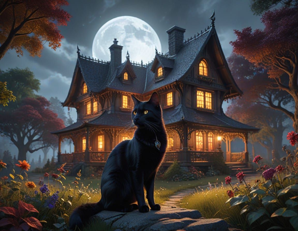 Surrealist Witch in Sunset Cottage with Magical Cat in a Hyp...