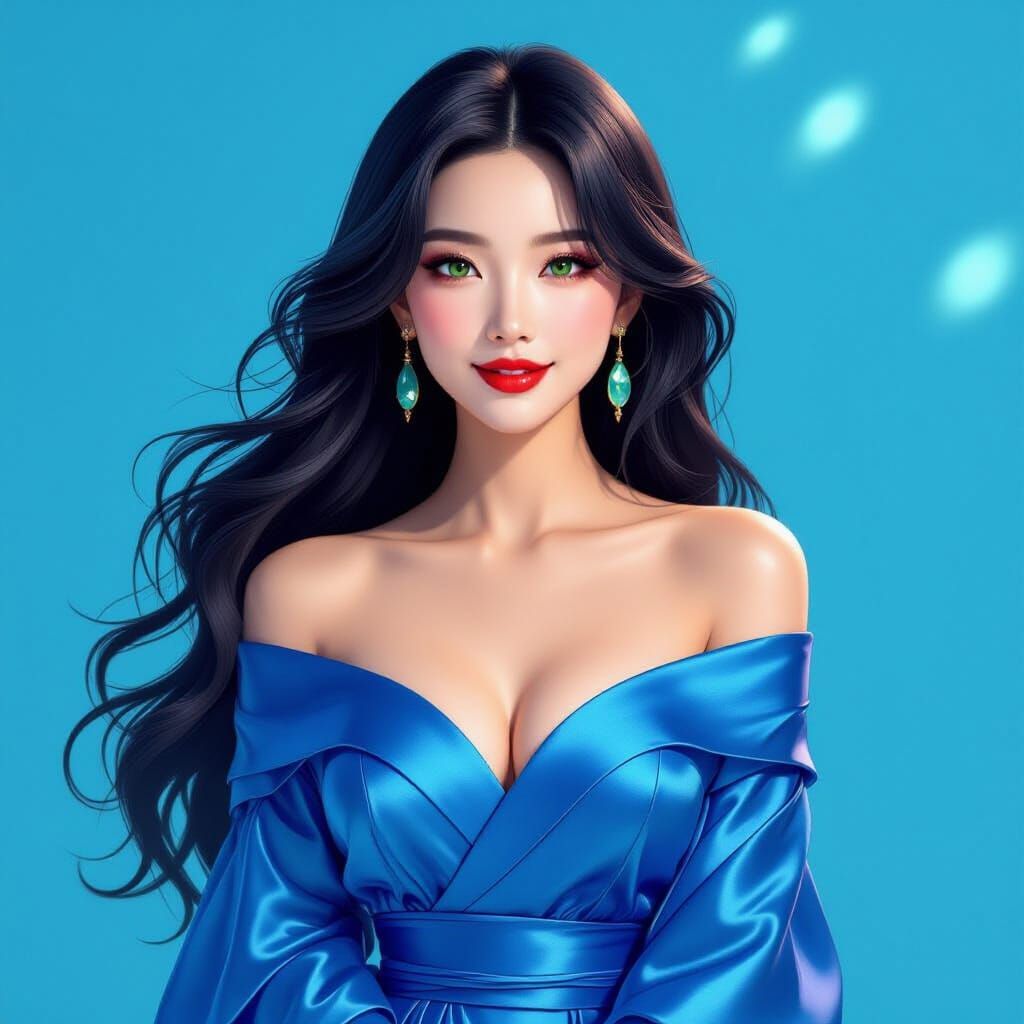 Elegant Chinese Woman in Blue Silk: 3D Digital Art