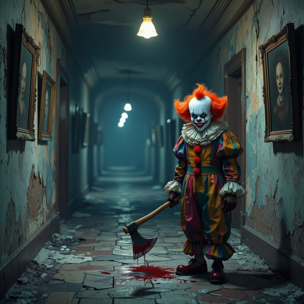 Menacing Clown in Hallway: a Digital Horror Scene