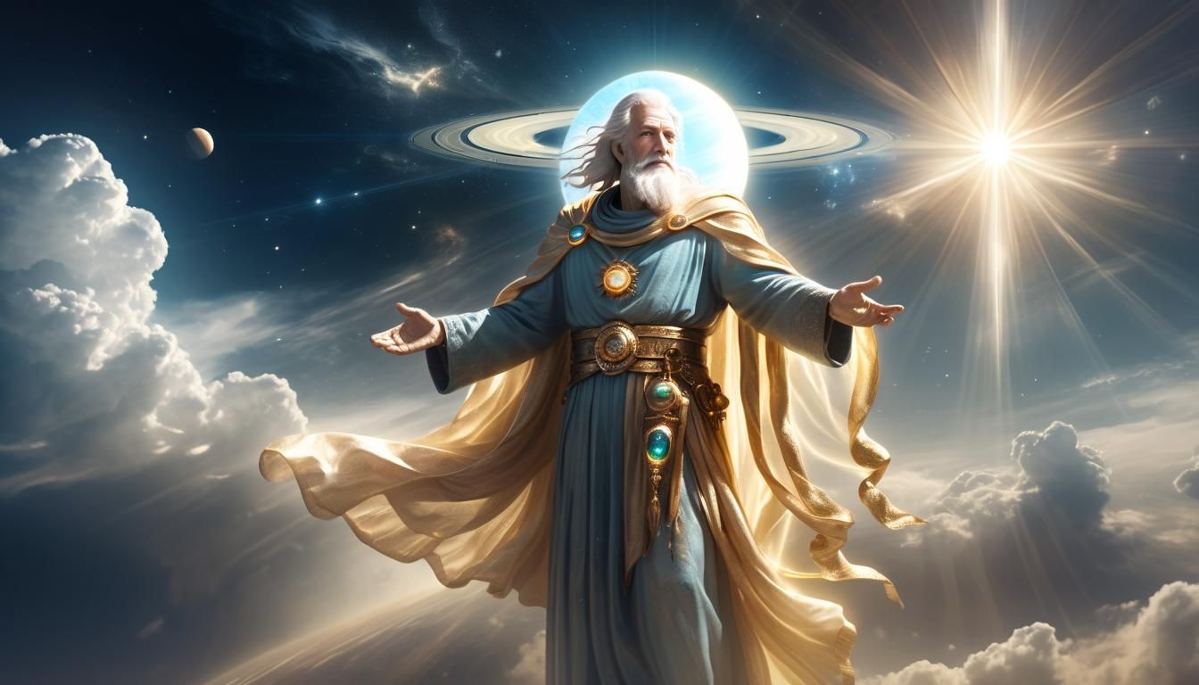 Saturn, God of Time, Studies the Universe