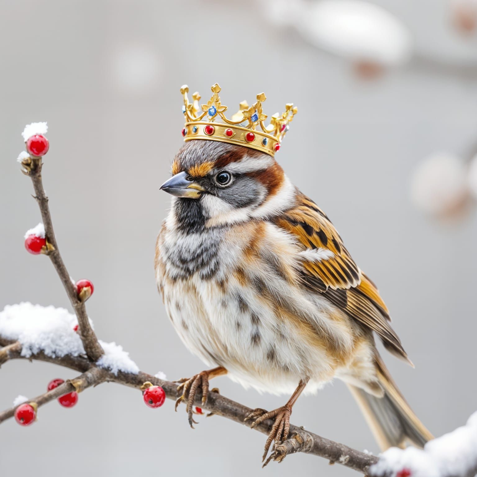 Sparrow King with Golden Crown on a Branch
