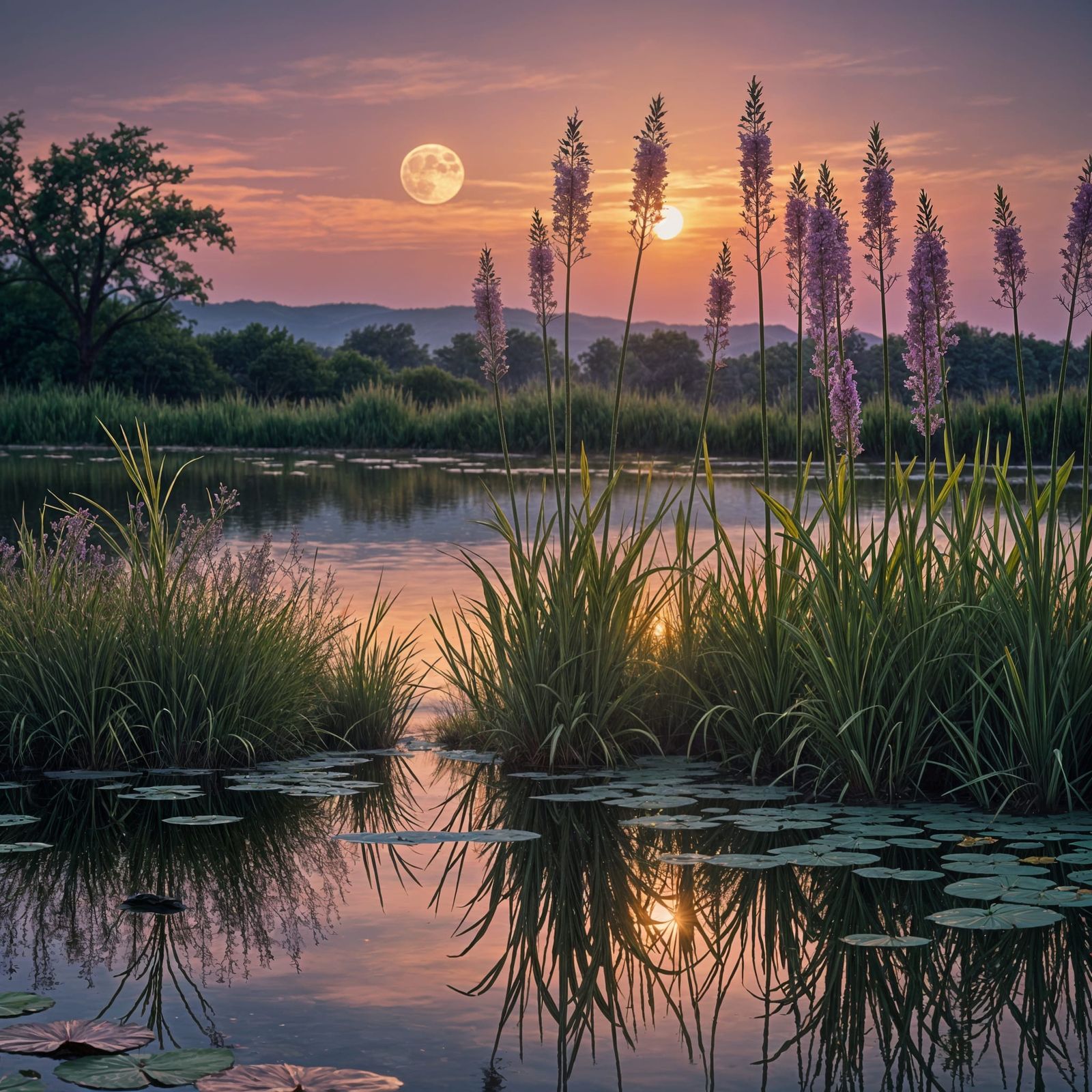 Hyperrealistic Lake Sunset with Moon and Flowers