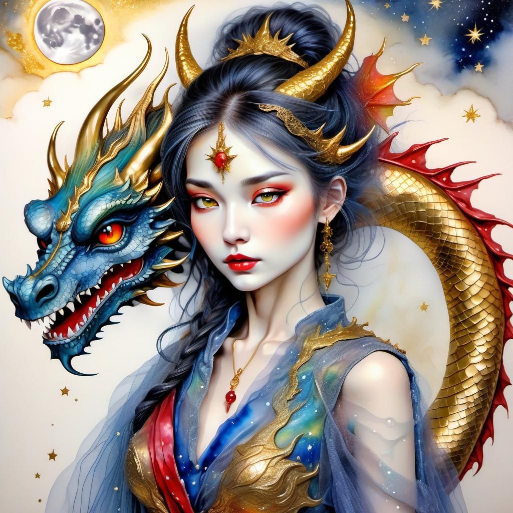 Eastern Warrior Goddess with Dragon: Mixed Media Art