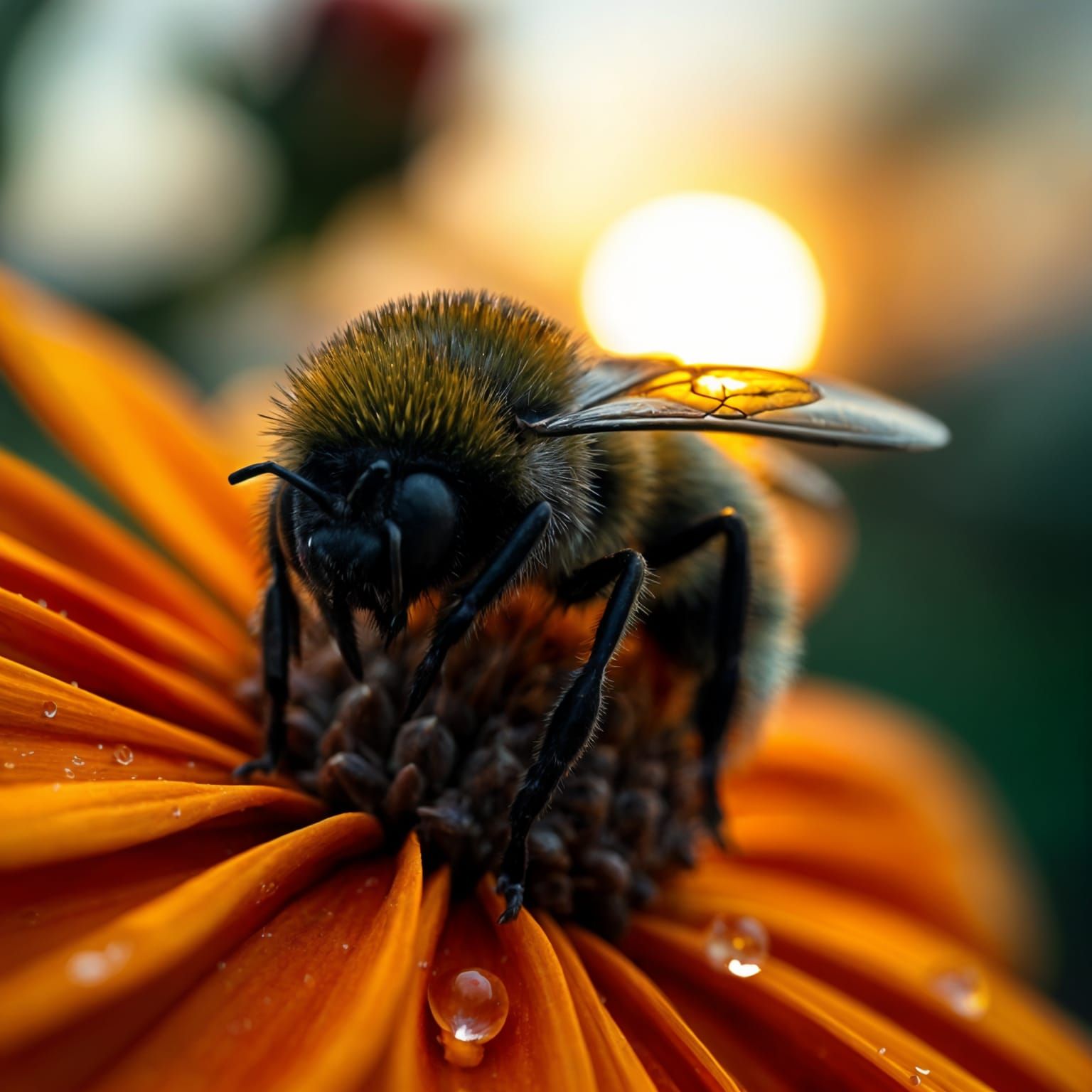 Hyperrealistic Bumblebee on Flower, Macro Photography