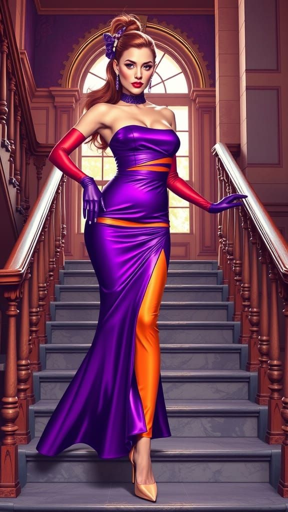 Woman in purple and orange...