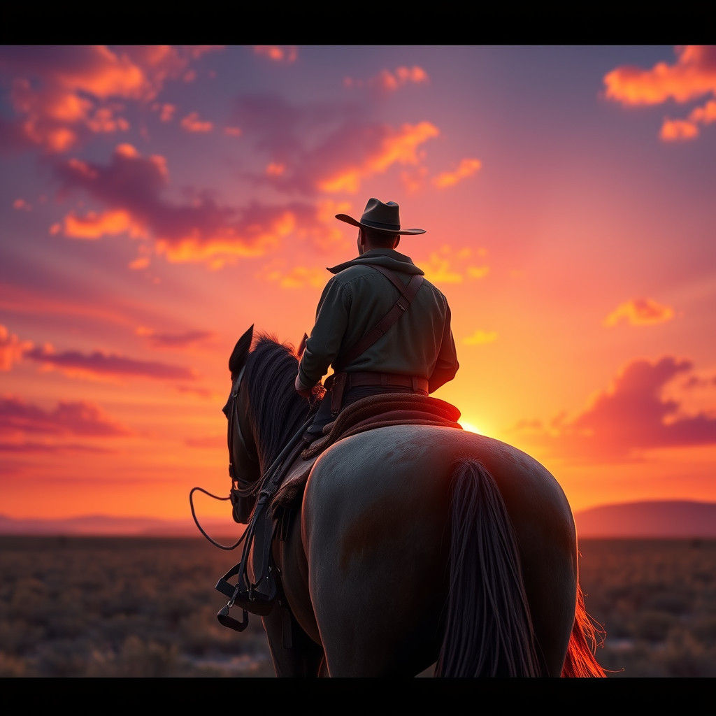 Cowboy Rides into Sunset: Matte Painting Style