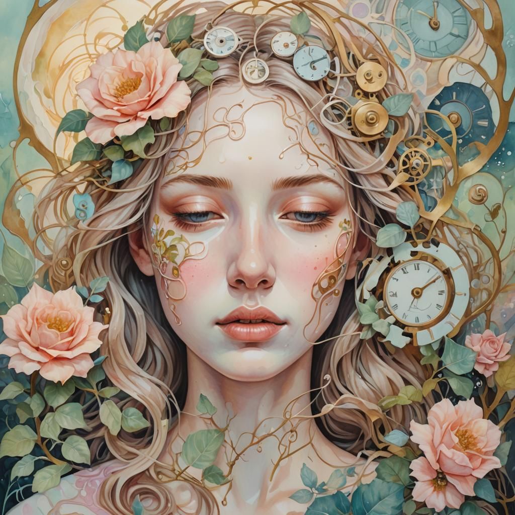 Surreal Woman Portrait with Clockwork in Pastel Hues