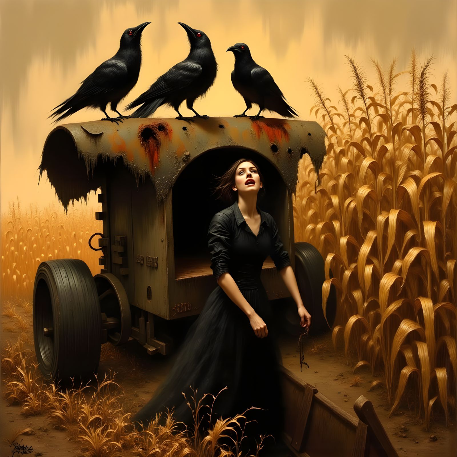 Ethereal Halloween Woman Cornered in a Haunting Cornfield Sc...