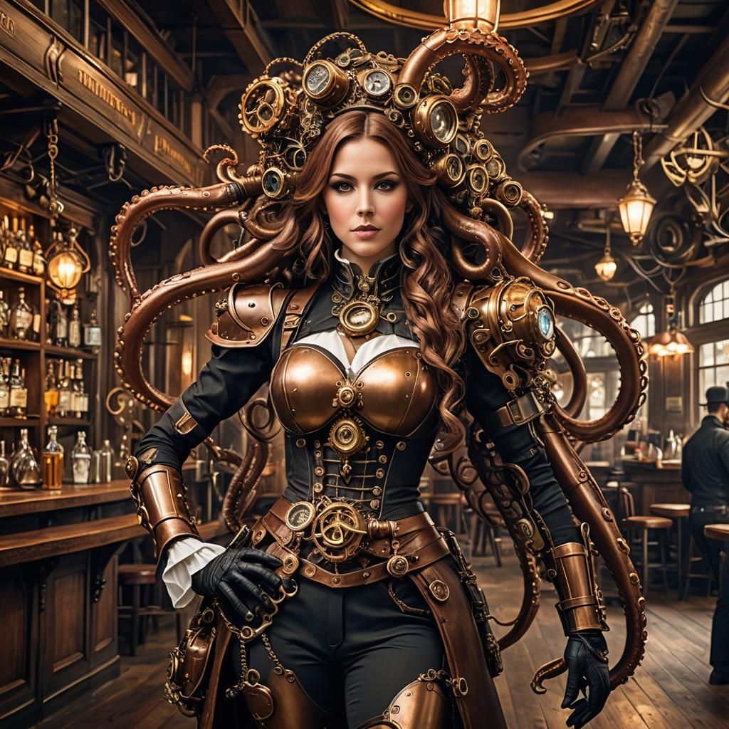 Steampunk Engineer in Octopus Exoskeleton in Tavern