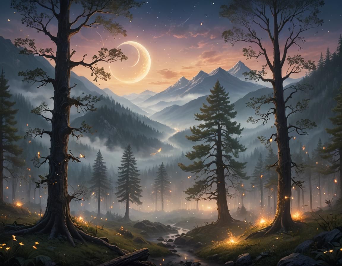 Epic Fantasy Landscape with Misty Forest and Mountains
