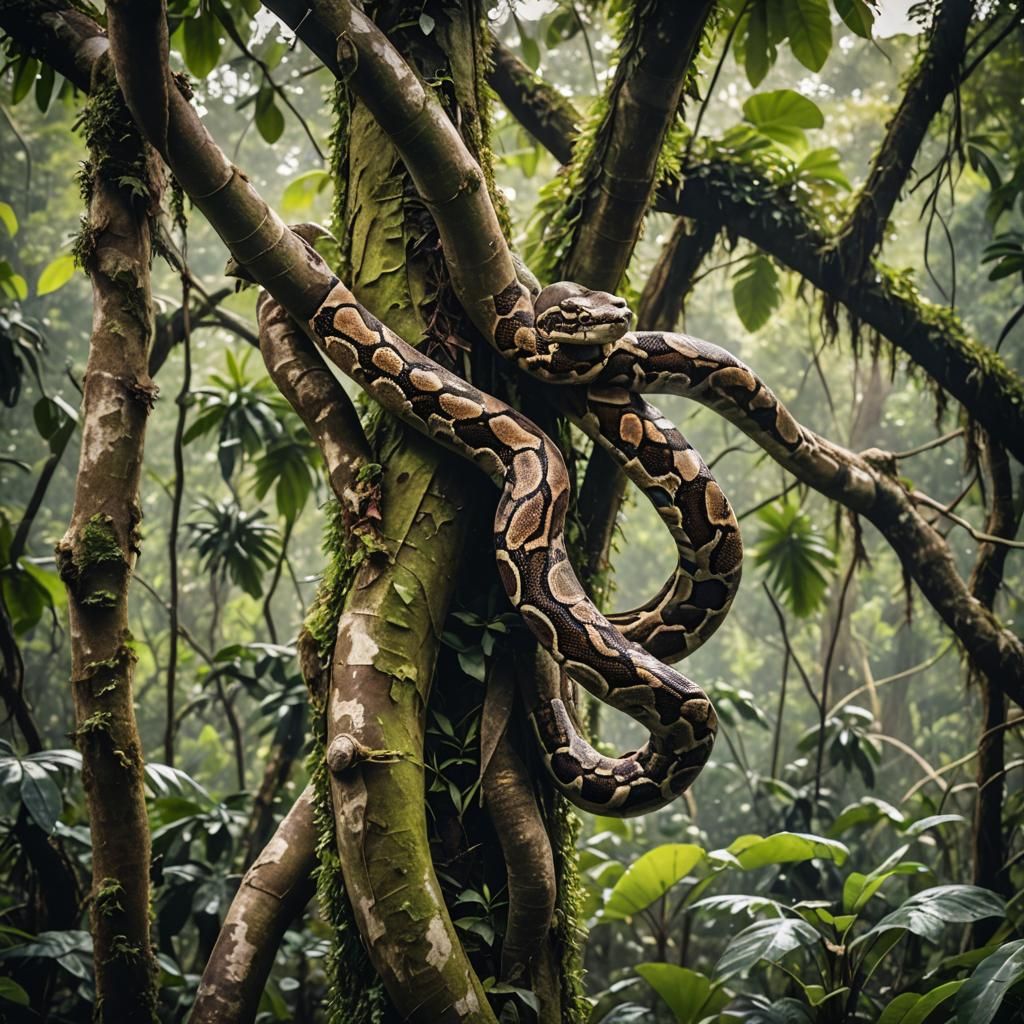 Boa Constrictor Descending Tree in Amazon Jungle