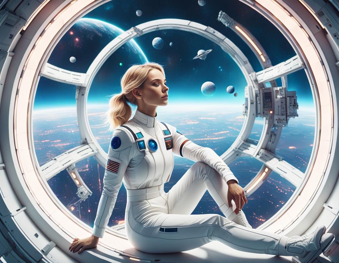Girl Gazing at Planet in Futuristic Space Station