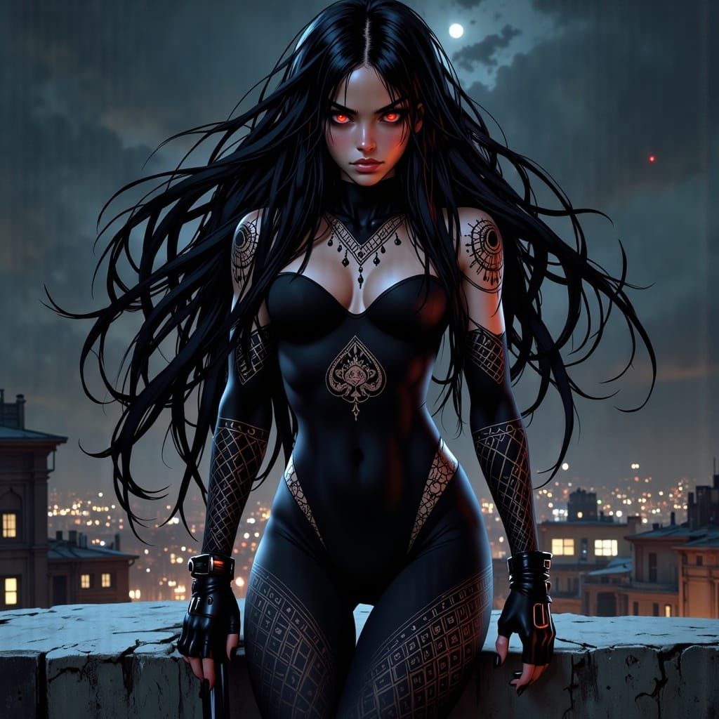 Female Assassin with Glowing Eyes in Anime Style