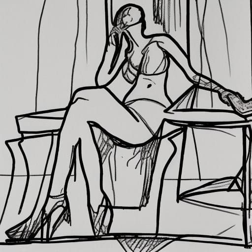 Aphrodite Relaxes in Modern Chair: Pen and Ink