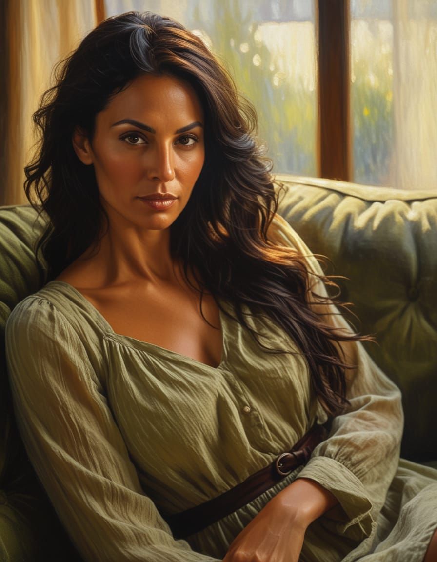 Woman Lounging on Sofa in Impressionist Oil Painting