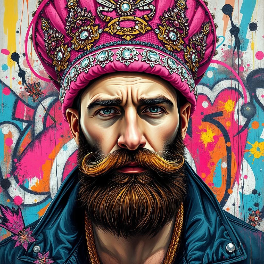 Bearded Man in Sequin Hat: Impasto Art Nouveau