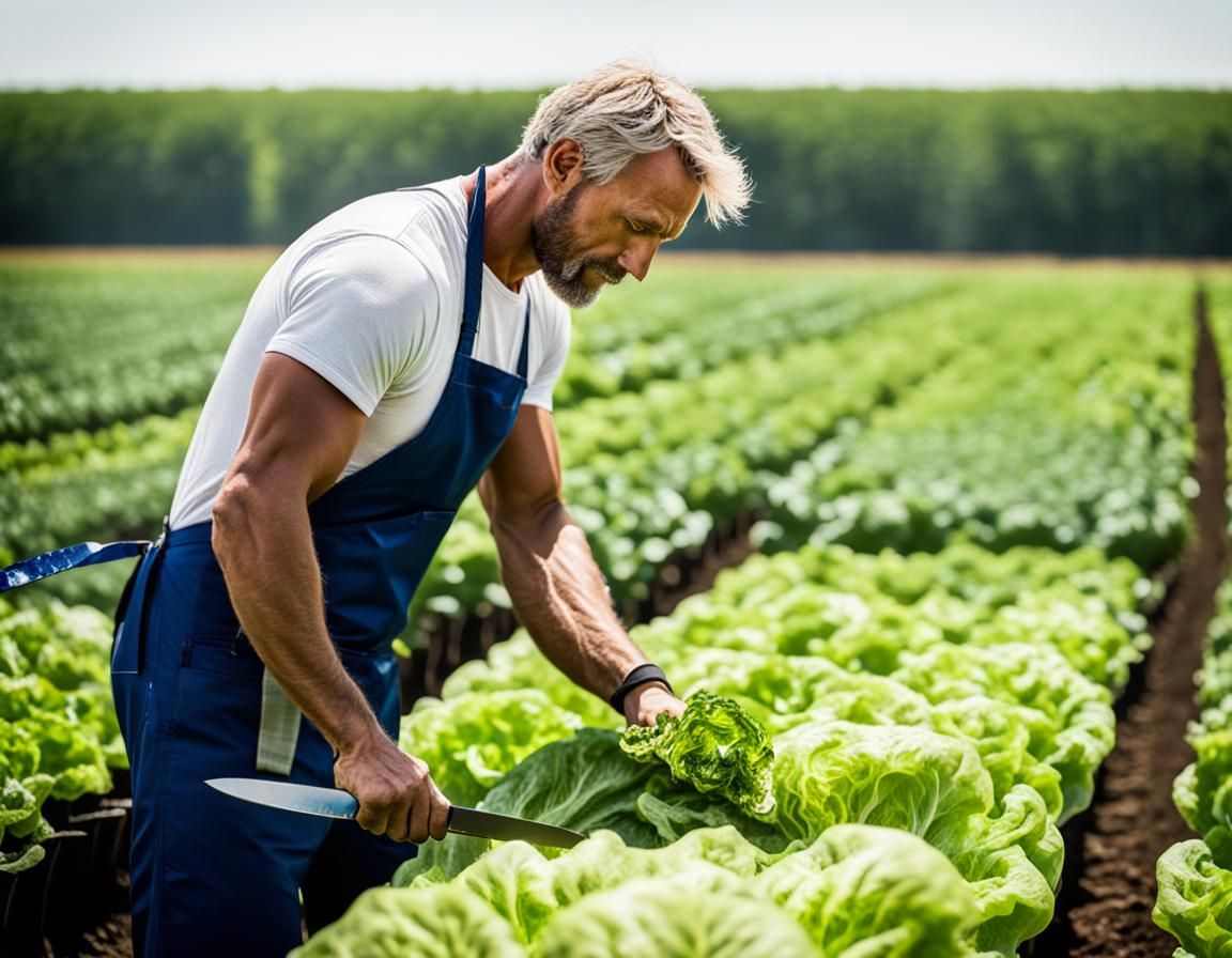 Romain lettuce field, white blonde man is cutting lettuce with knife under the hot sun, no t-shirt, blue trousers with r...