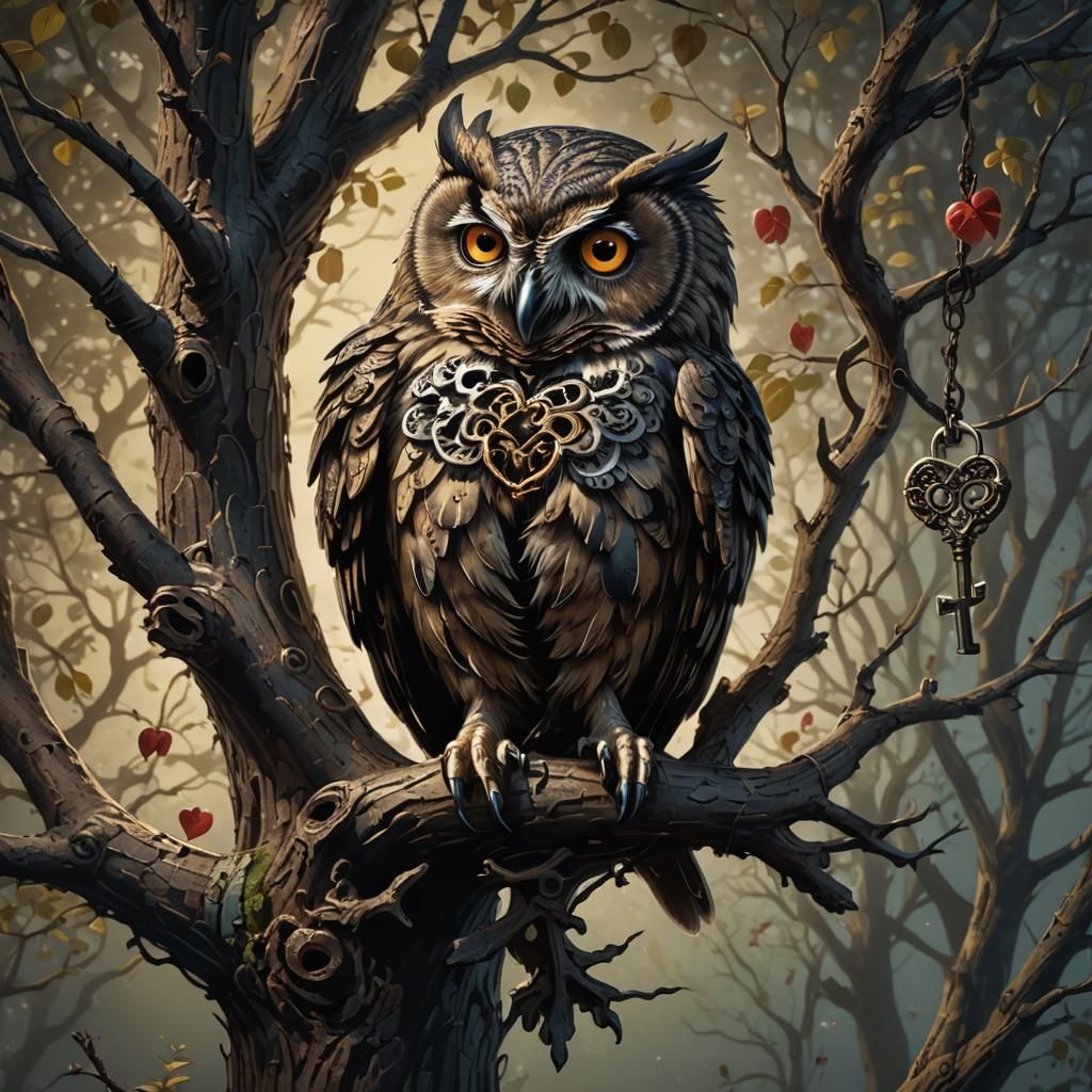 Owl with Key: Hyperrealistic Concept Art