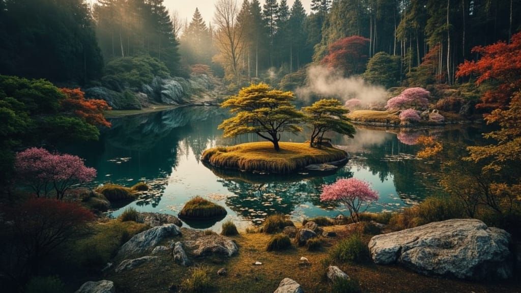 Serene Japanese Garden in Autumn Hues