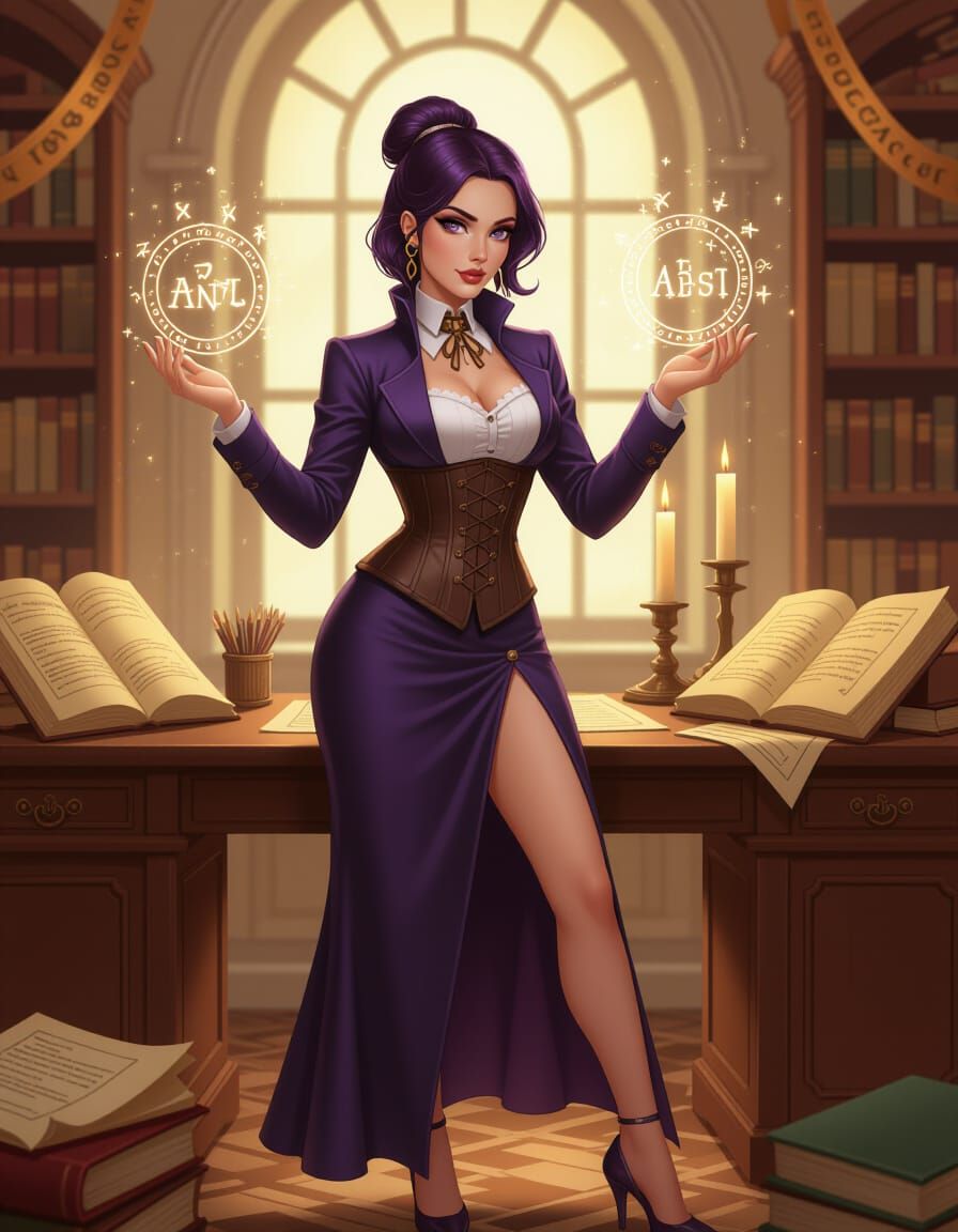 Elegant Woman Scripts Magic Runes in Dreamy Office