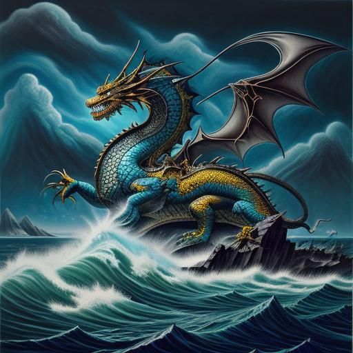 Surreal Tsunami Dragon in Dark Hour: Dali-esque 3D Art