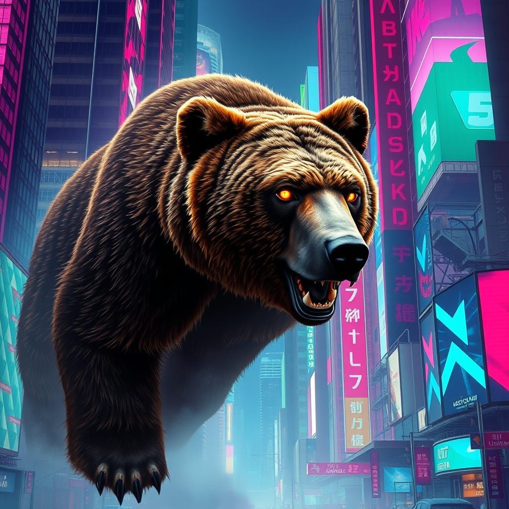 Primeval Bear Conquers Hypermodern Metropolis