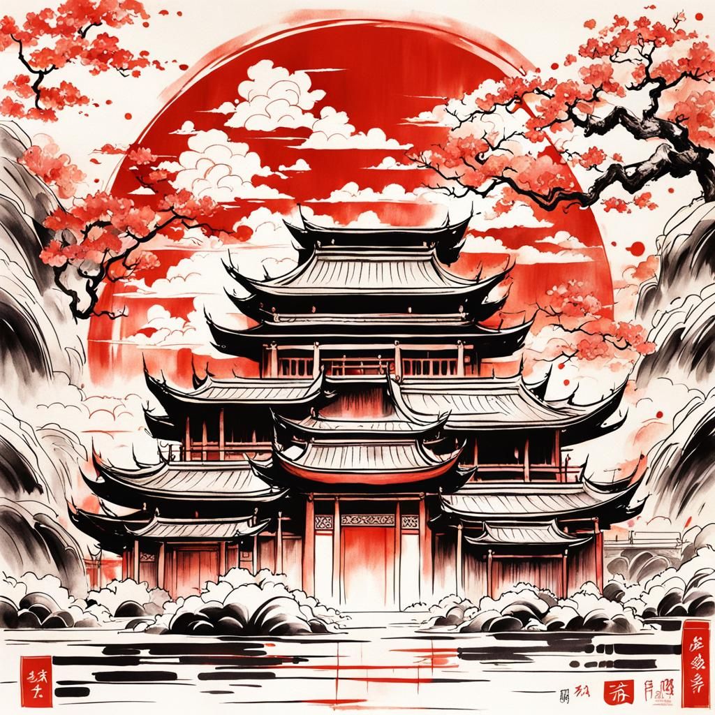 Fantasy Chinese Temple in Lotus Ink Style