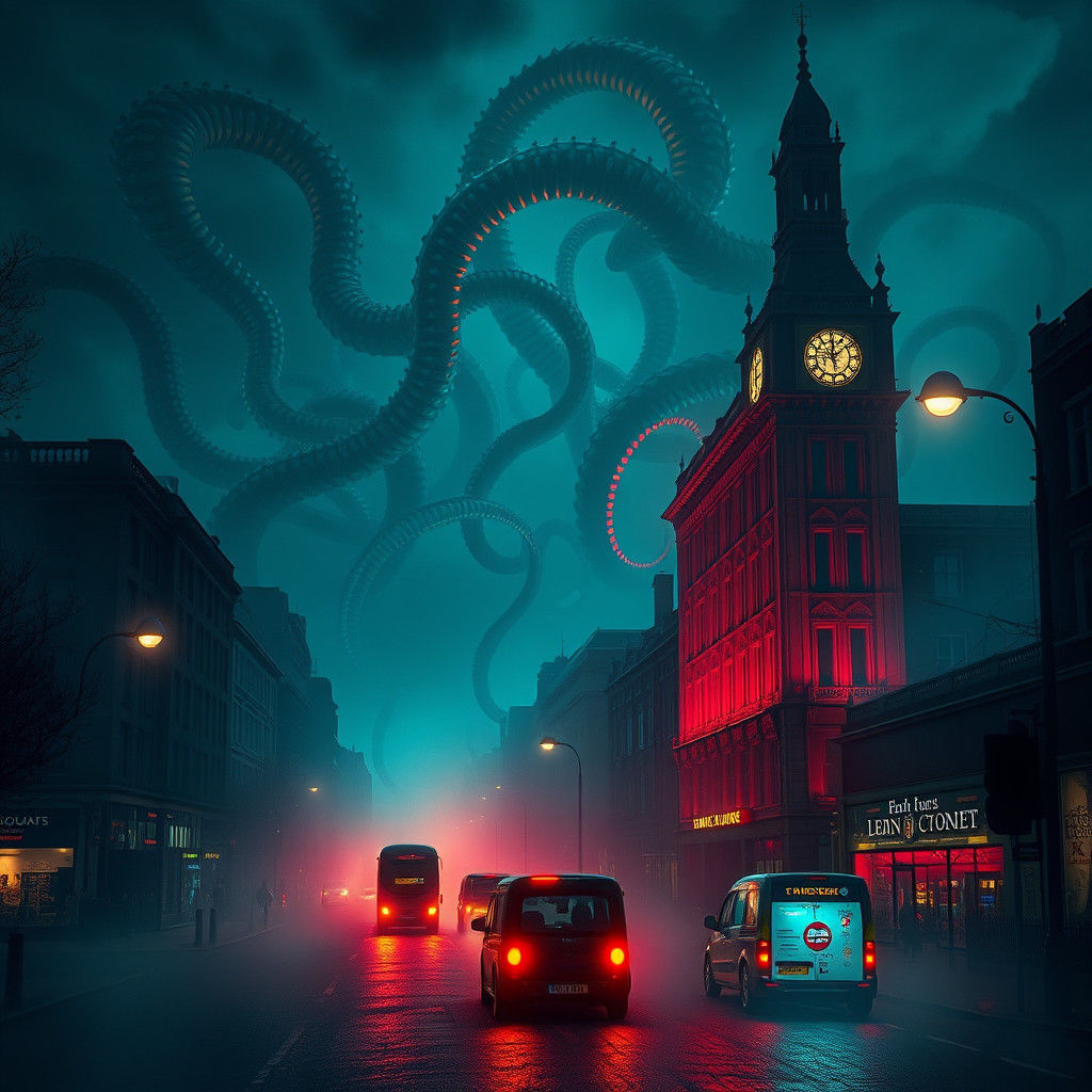 Lovecraftian Tentacles over Foggy London: Retro Painting