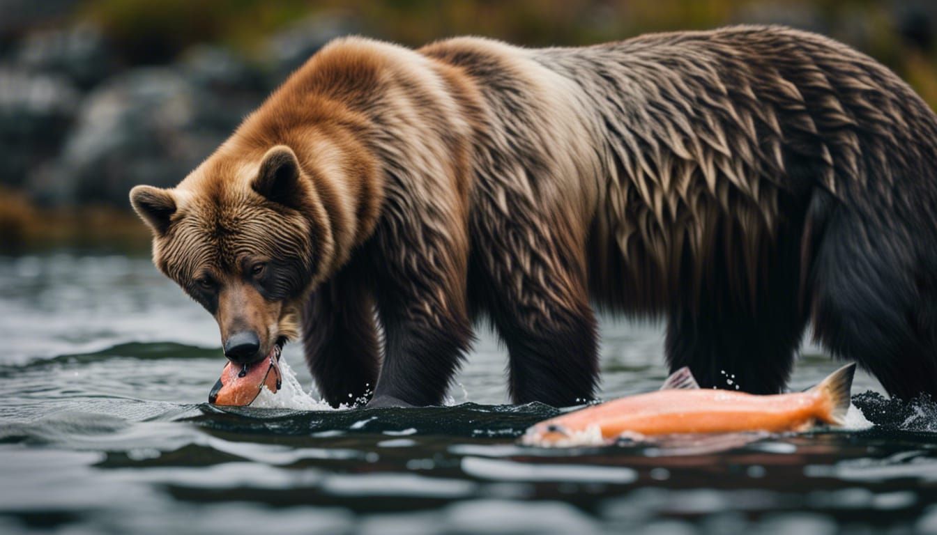 Grizzly Bear and Dog Sharing Salmon in Alaska