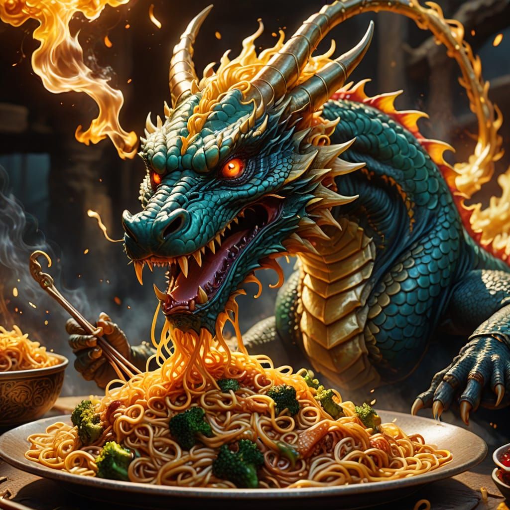 Dragon Eats Chow Mein: A Fantasy Illustration