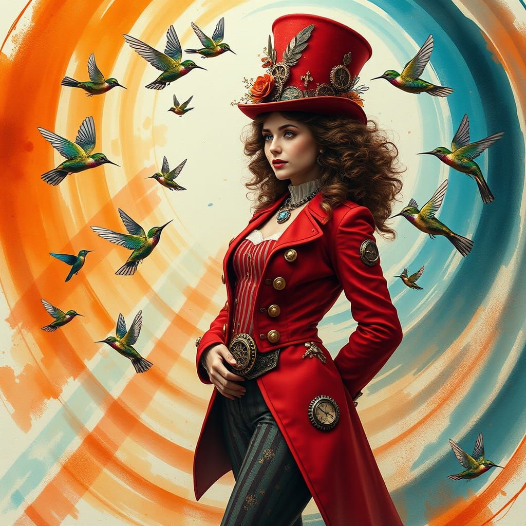 Steampunk Goddess in Red Tailcoat with Gears and Wings
