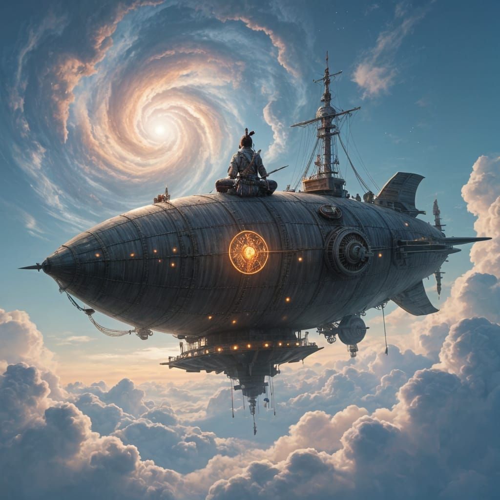 Samurai Meditating on Ancient Airship Amidst Nebulae