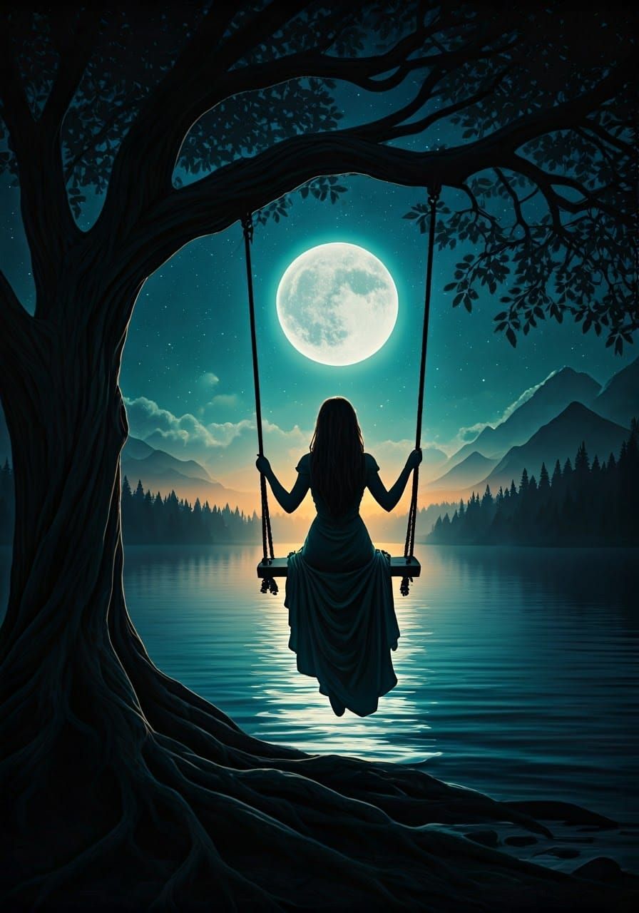 Ethereal Woman Under the Moonlit Sky