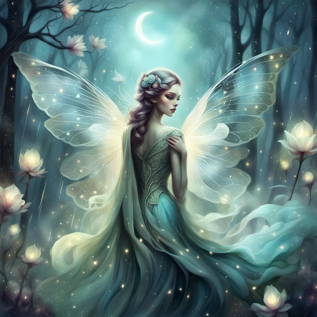 Gorgeous art by Anna Dittmann beautiful young fairy with the most stunning gossamer transluscent wings dances by the pal...