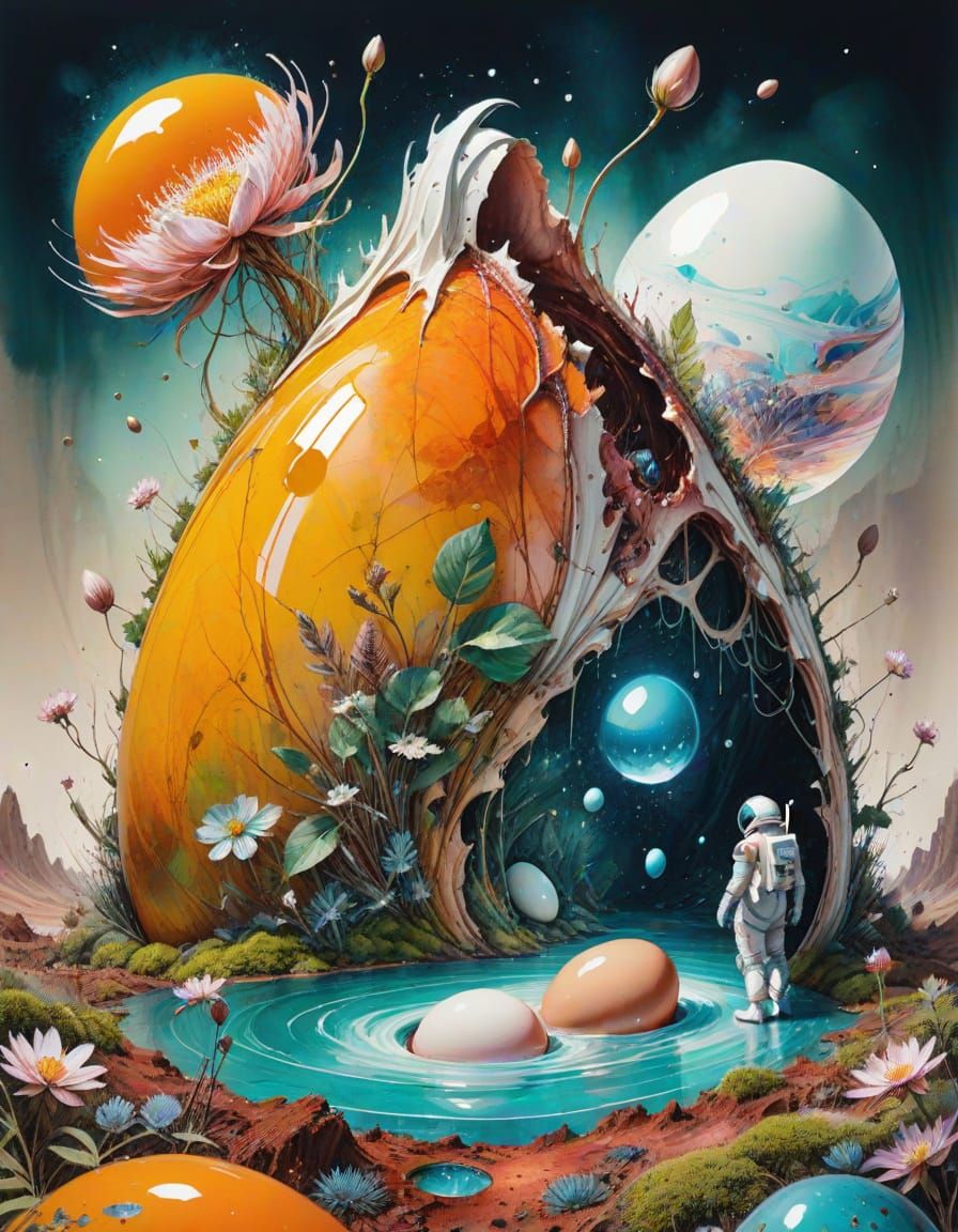 Astronaut exploring alien egg