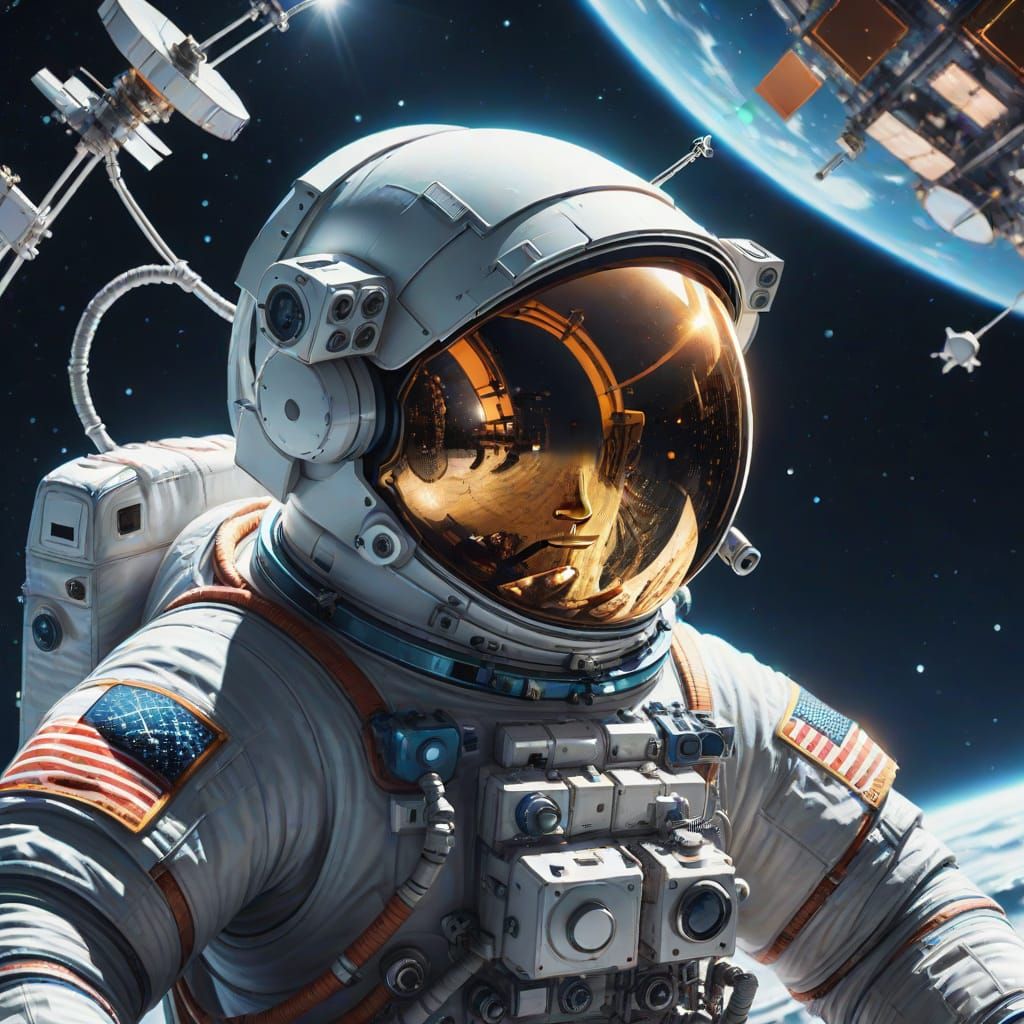 Astronaut in Space Repairing Satellite Antenna