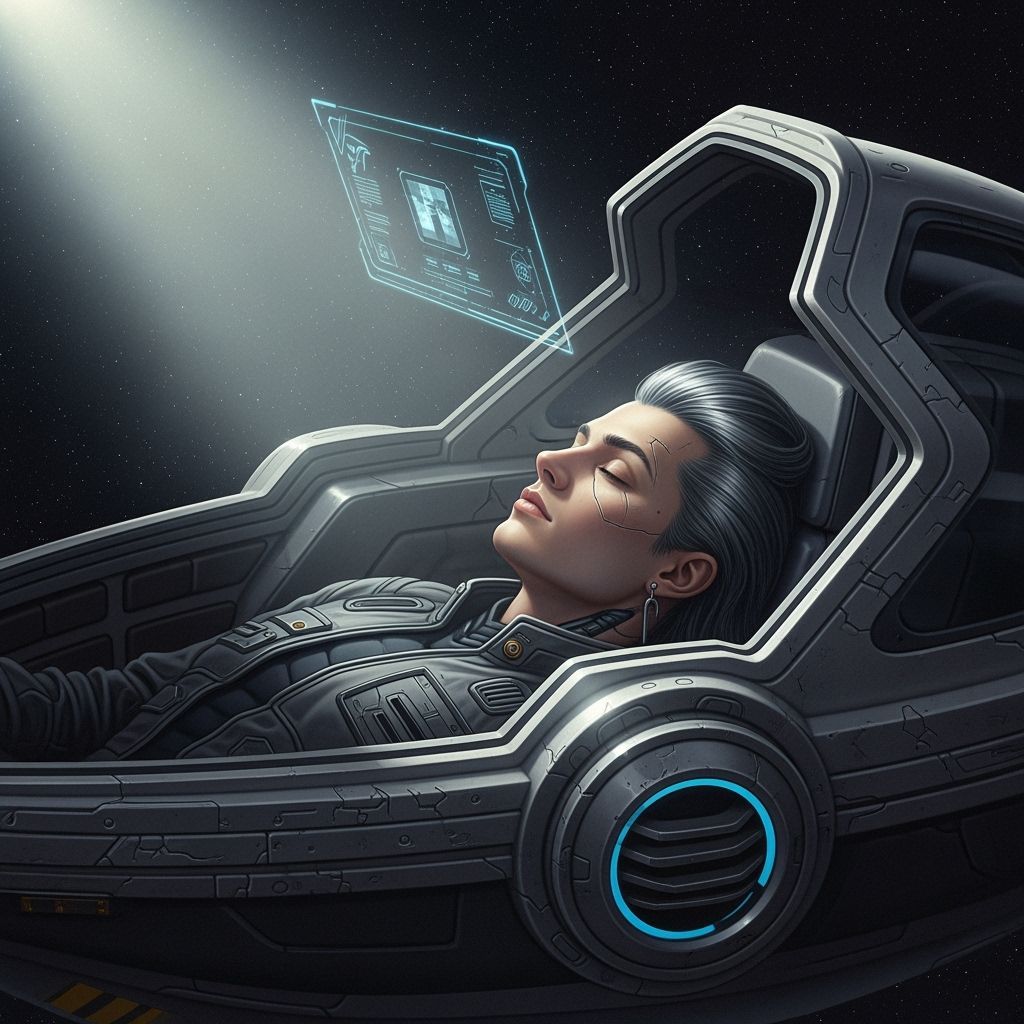 Cyberpunk Figure Relaxed in Futuristic Pod by Sunlight