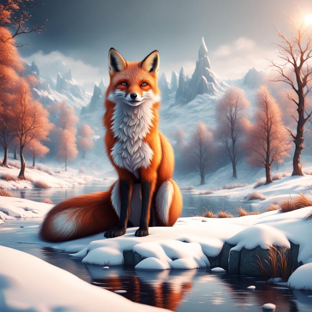 Fox in Winter Landscape: Detailed Matte Painting