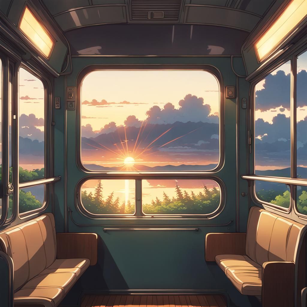 Sunset Train View in Anime Style