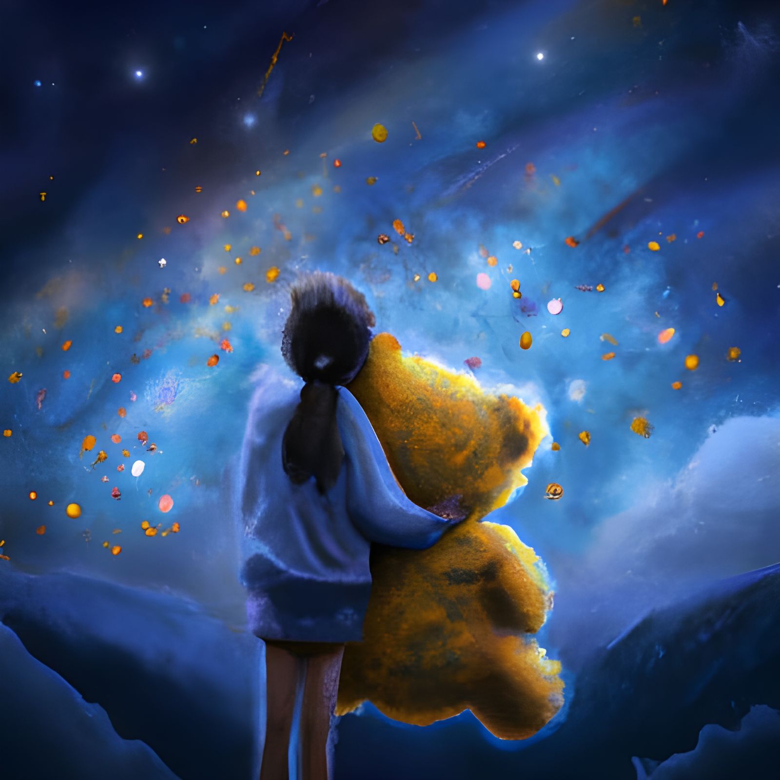 Girl Hugging Teddy Bear Gazing at Stars