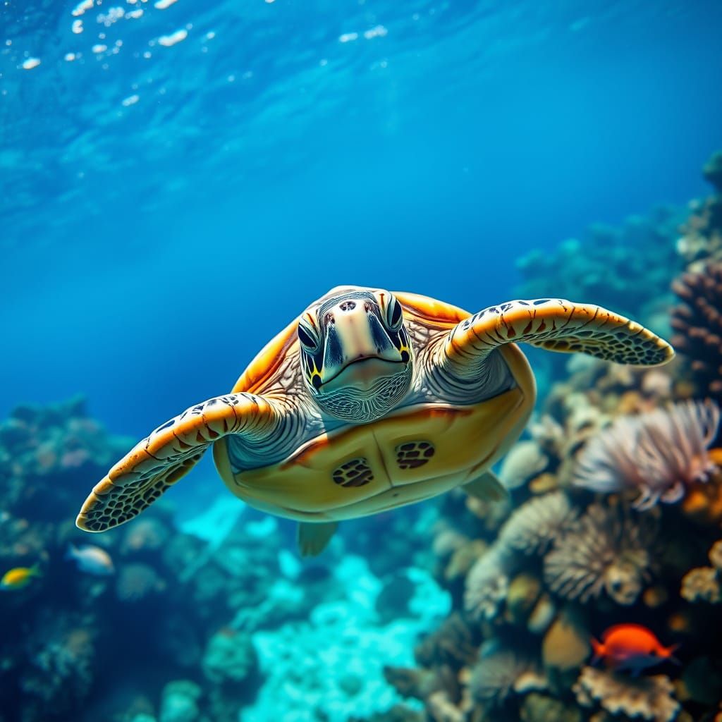 Sea Turtle Swimming in Ocean with Colorful Coral