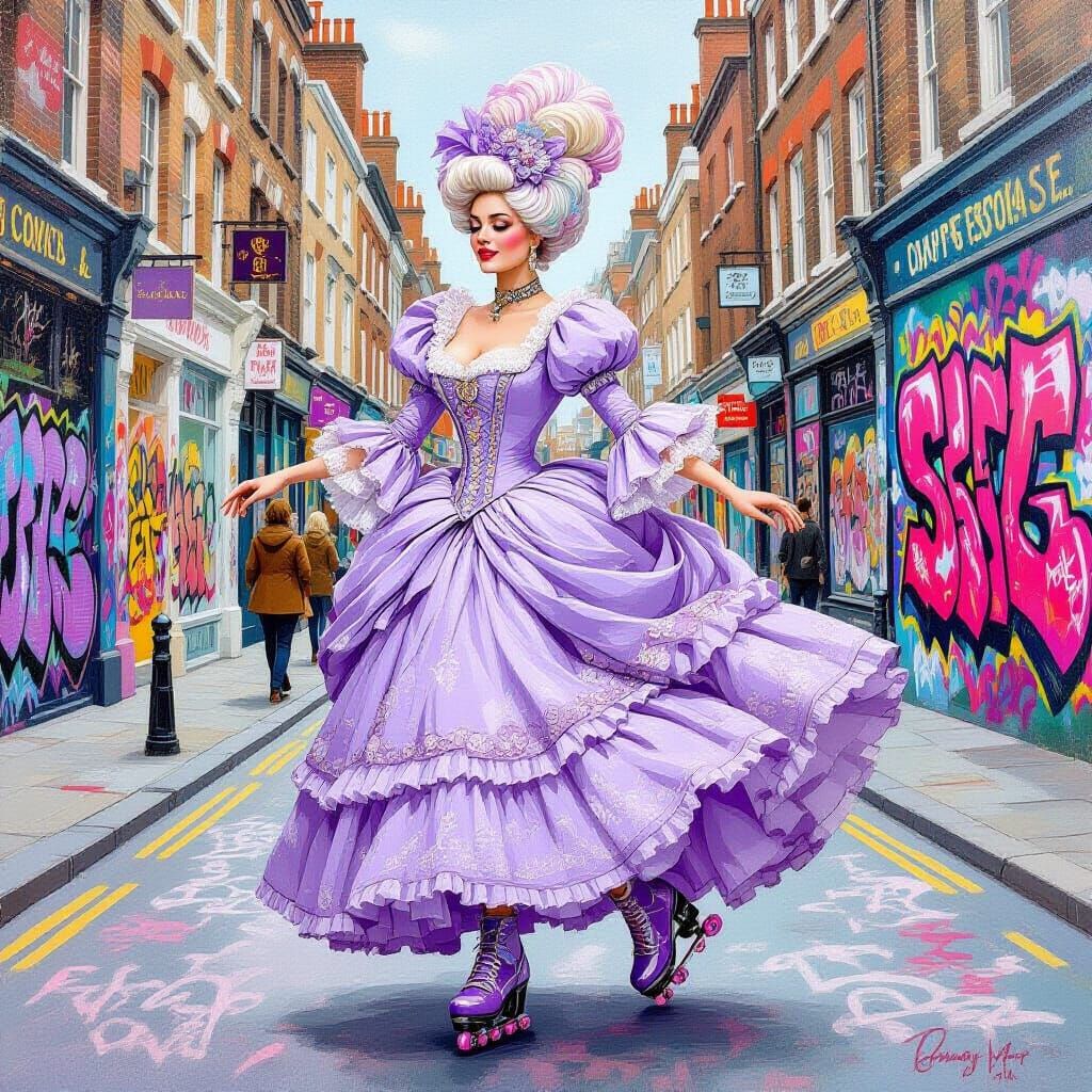 Victorian Woman Skating Through London, in Gouache Style