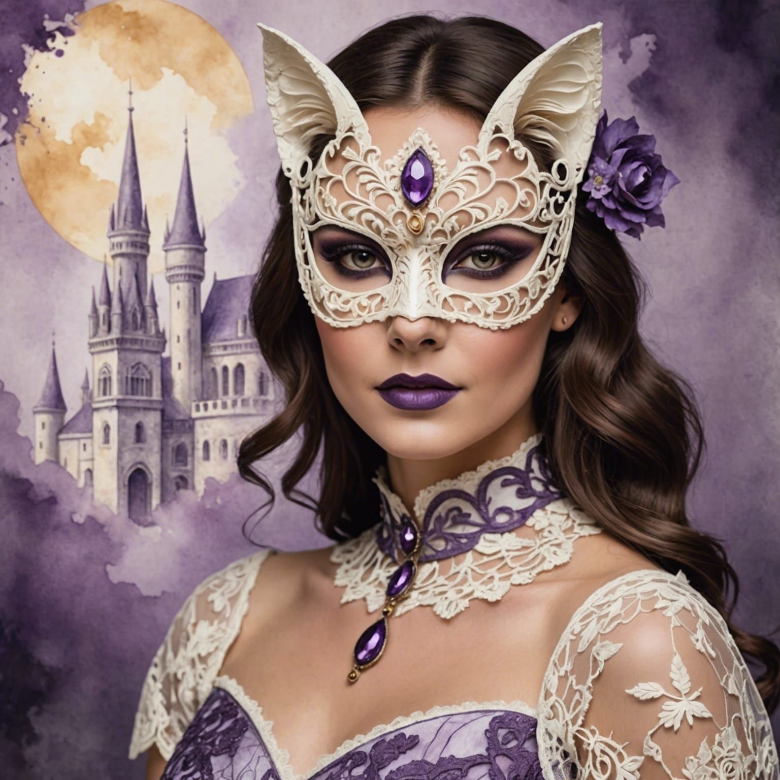 Elegant Woman in Violet Gown at Masquerade Ball