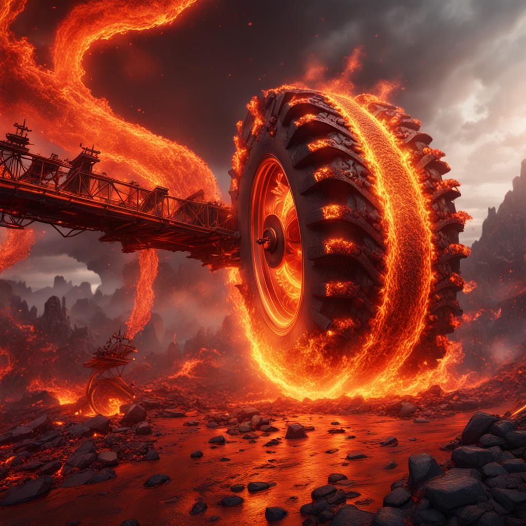 Fiery Wheels Fly Over Lava Volcano